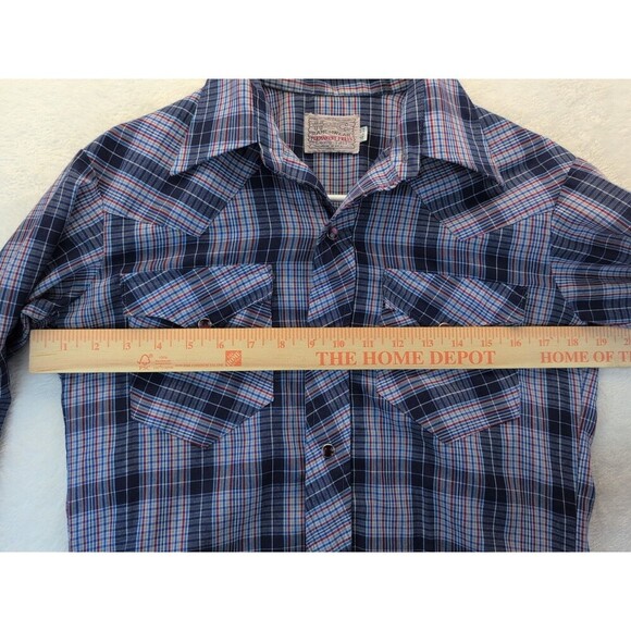 VTG H Bar C 14.5-33 Ranchwear Long Tail Pearl Snap Blue Plaid Shirt Western 70s - Picture 11 of 14